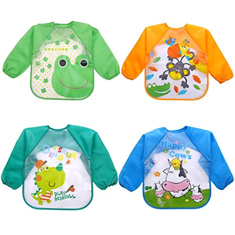 Aniwon 4Pcs Infant Toddler Baby Bibs with Sleeves Waterproof Bibs Long Sleeved Bibs, 1-5 Years Old