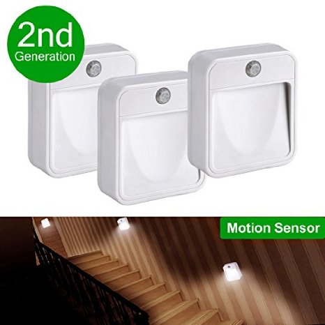 LEreg Pack of 3 Units LED Night Light Wireless Motion Sensor Night Light Battery Powered Stair Lights Stick-Anywhere Nightlight Daylight White Security Light for Bedroom Hallway