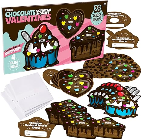28-Pack Chocolate Scented Valentines Day Cards with Envelopes I Scratch & Sniff Valentines Day Cards for Kids School Party Favor I Valentines Day Gifts for Kids I Valentines Cards for Kids Classroom