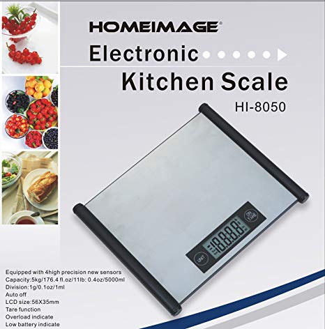 HOMEIMAGE Professional Stainless steel surface Digital Kitchen Scale with touch sensor - 11lbs/5kg