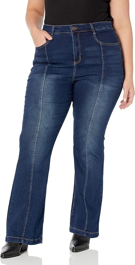 dollhouse Women's Dark Wash Junior Plus High Rise Curvy Flare with Front Seam Detail Zipper Fly and Button Closure