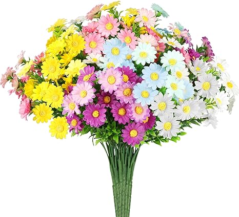 Linkstyle 10 Bundles Daisies Artificial Flowers, Colorful Fake Daisy Plant Hanging Faux Plastic Flower Bridal Bouquet for Outdoor Garden Window Box Cemetery Home Table Decor, Multi-Color