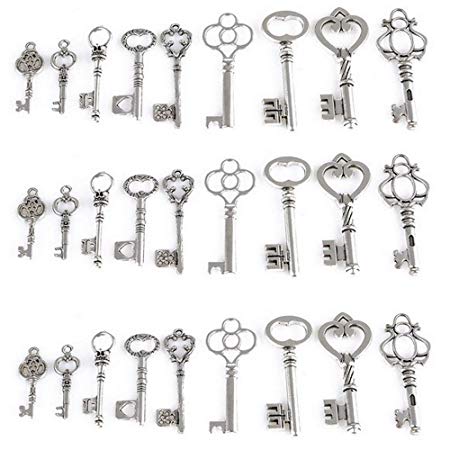 AlphaAcc Skeleton Key Charm Set in Antique Silver 9 Different Styles - Vintage Style Key Charms (45 Charms) (Silver)
