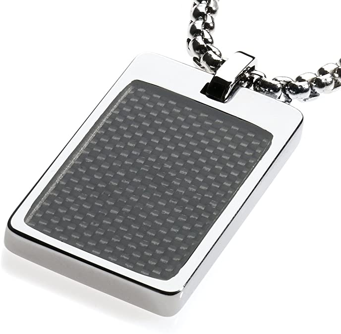 GESTALT COUTURE Most Unique Tungsten Tag Necklace. 4mm Wide Surgical Stainless Steel Box Chain. Black Carbon Fiber Inlay.
