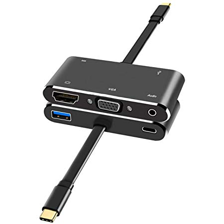 Vidgoo Type-C to VGA Adapter USB C 3.1 to 1080P VGA USB 3.0 Converter Adapter with HDMI Port Audio Port Supports Projectors/HDTV/ PC/USB Keyboards/Mouses/USB Flash Drive/USB Hard Disk and Other Perip