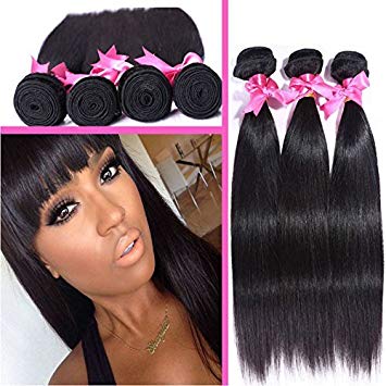 Perstar 8A Grade Brazilian Virgin Hair Straight Remy Hair 4 Bundles Remy Human Hair Weaves Natural Black (16 18 20 22, Natural Color) …