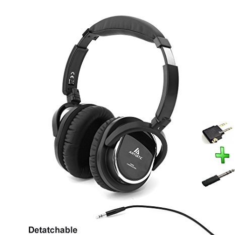 Acoustic Noise Cancelling Headphone,Artiste On-ear Over Ear Noise isolation Airline Headset Headphones (Black-Wired)with Airline Headphone Converter Mic