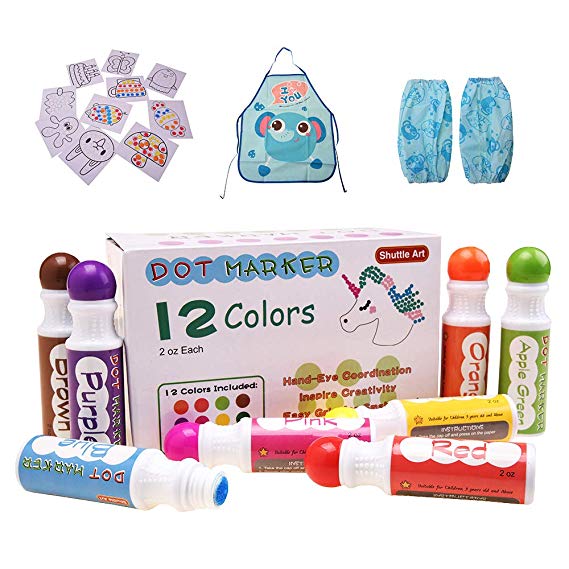 12 Colors Dot Markers,Shuttle Art Washable Bingo Daubers Dabbers Dauber Dawgs for Kids Toddlers Preschool Children Art Craft Supply with 10 Patterns Double Adhesive Paper 1 Apron 1 Sleeve