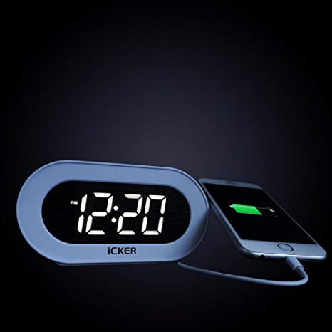 ICKER Large LED Display Alarm Clock with Snooze, Dual USB Chargers for Phone and Smart Devices Charging, Battery Backup