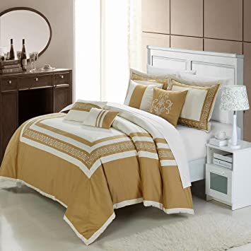 Chic Home 7-Piece Venice Embroidered Comforter Set, Queen, Beige Gold