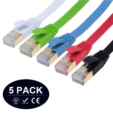 TecBillion Cat7 Ethernet Patch Cable- Shielded RJ45 Gold Plated Connector 600 MHz10Gbps- 5 Color BlackBlueRedGreenWhite 5 Feet