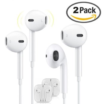 2 Pack High Quality Earphones Earbuds Headphones with Stereo Mic & Remote Control for iPhone, iPad, iPod, Android, Windows Smartphones and More - White