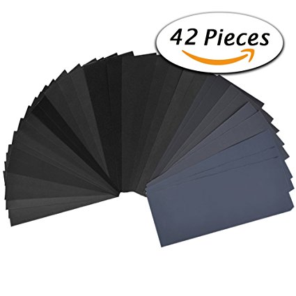 42 Pcs Wet Dry Sandpaper 120 to 3000 Grit Assortment 9 3.6 Inches Abrasive Paper Sheets for Automotive Sanding, Wood Furniture Finishing, Wood Turing Finishing