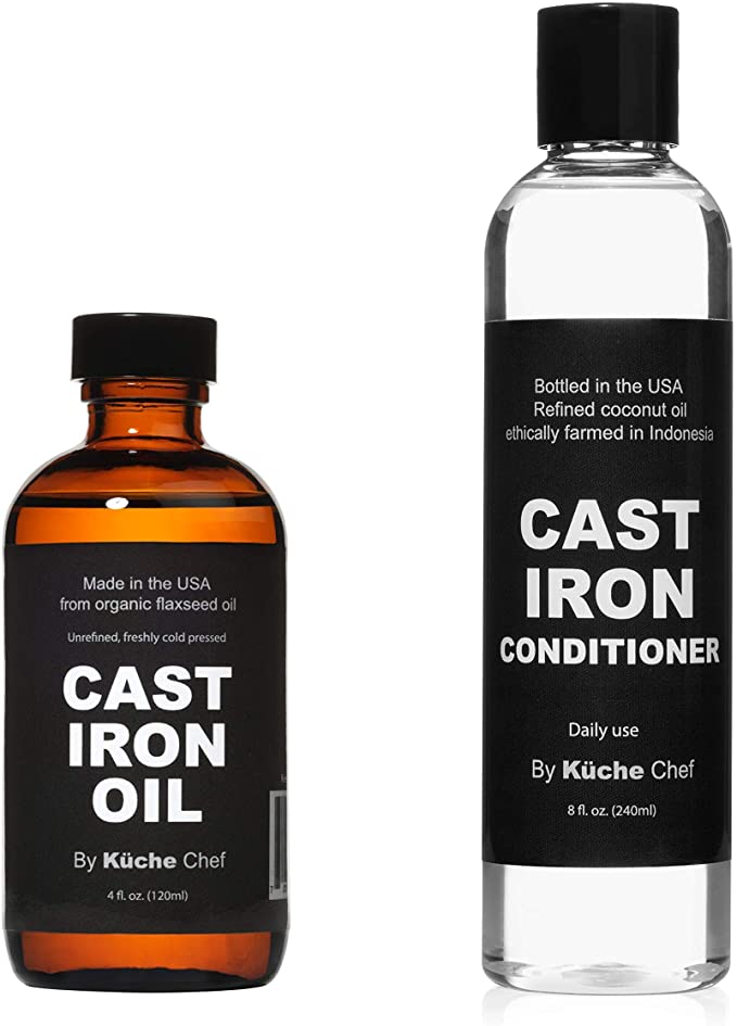 Cast Iron Care Pack - 4oz Organic Cast Iron Oil (Made from Flaxseed Oil grown and pressed in the USA) & 8oz Natural Cast Iron Conditioner For Daily Use