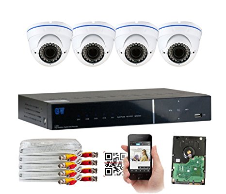 GW Security 4CH HD DVR Security System, QR-Code Connection, 4 Day Night 2400TVL High Resolution Weatherproof Dome Cameras CCTV Surveillance System 1TB HDD