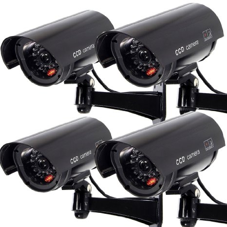 Masione 4 Pack Outdoor Fake/Dummy Security Camera w/Blinking Light CCTV Surveillance (Black)