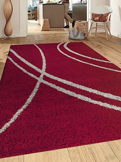 Rugshop Cozy Contemporary Stripe Indoor Shag Area Rug, 7'10" x 10', Red/Gray