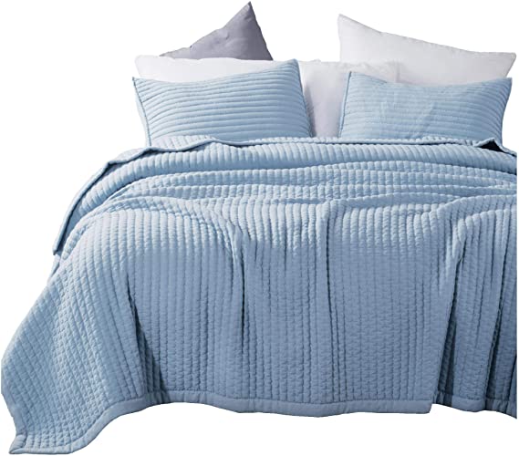 KASENTEX Quilt Mini Set-Stone Washed-Super Soft Bedspread-Light Weight-Hypoallergenic-White Down Alternative Microfiber Fill-Machine Washable-Solid Colors, 2 King Shams, Blue, King   2 King