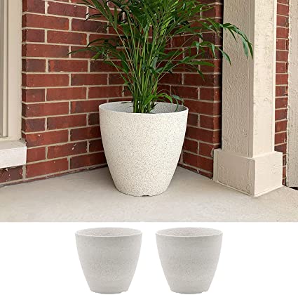 2-Pack 15-in. Round Faux Stone Resin Garden Potted Planter Flower Pot Indoor Outdoor, White