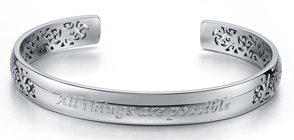 Fast Shipment! Polished Silver Hollow-out "All Things Are Possible" Stainless Steel Cuff Bangle Bracelet