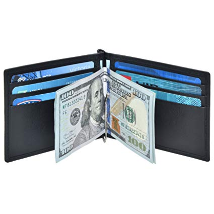 RFID Money Clip Leather wallet- Genuine Leather Bifold with 6 Credit card Strong Money Clip Slim wallet