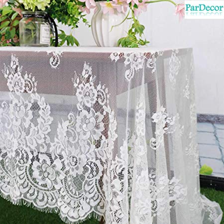 Vintage Lace-Tablecloth 60x126-Inch White Lace Fabric Eyelash Chantilly Floral Birdal Wedding Dress Flower Lace Table Cloth DIY Craft Trim Applique Embroidered Tablecloth Linen