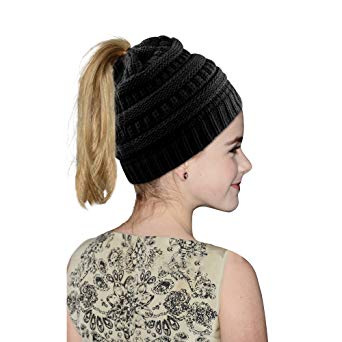 Hootech Winter Warm Knitted Ponytail Beanie Hat Messy High Bun Beanie Soft Stretch Cap