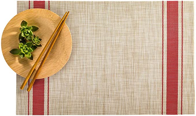 French Countryside Khaki Vinyl Woven Placemat - with Red Stripe - 16" x 12" - 6 count box - Restaurantware