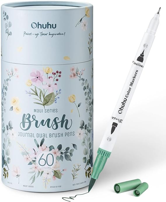 Ohuhu Brush Pen Set, 60 Filzstifte Aquarellstifte Pinselstifte Set mit Doppelter Spitze für Journal Handlettering Kalligraphie Manga für Erwachsene, Mandala Stifte auf Wasserbasis