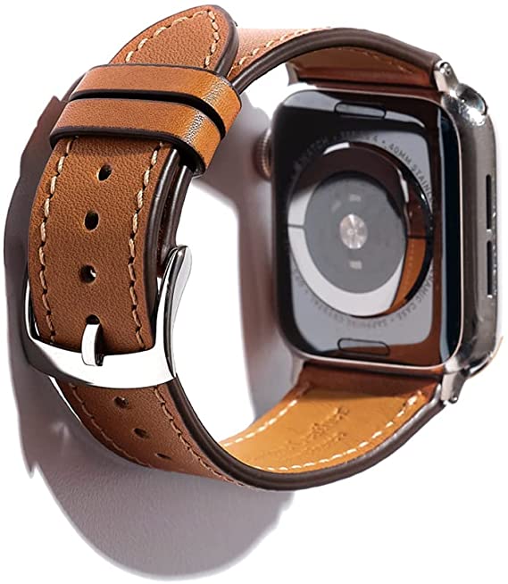 SONAMU New York New Barenia Leather Band Compatible with Apple Watch 38mm to 45mm, Premium Leather Strap Square Buckle Compatible with iWatch Series 7 6 5 4 3 2 1 (Golden Brown, 45mm/44mm/42mm)