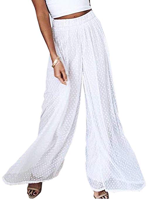 Angashion Women's Causal Wide Leg Pants-Elastic Waist Flowy Layered Dot Palazzo Pants