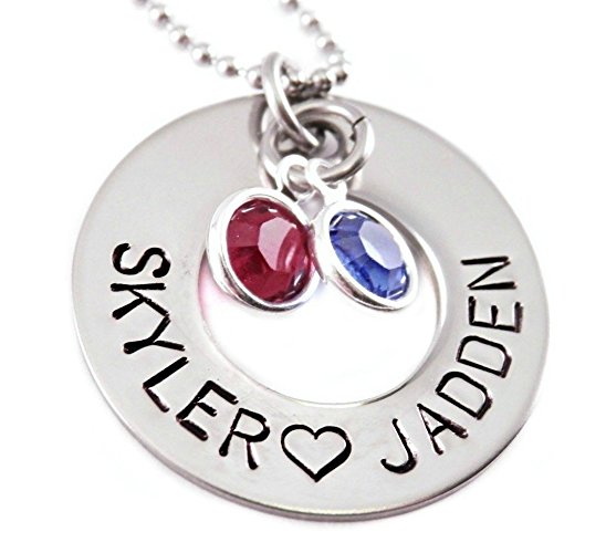 Birthstone and Name Washer Necklace - Hand Stamped Personalized Jewelry