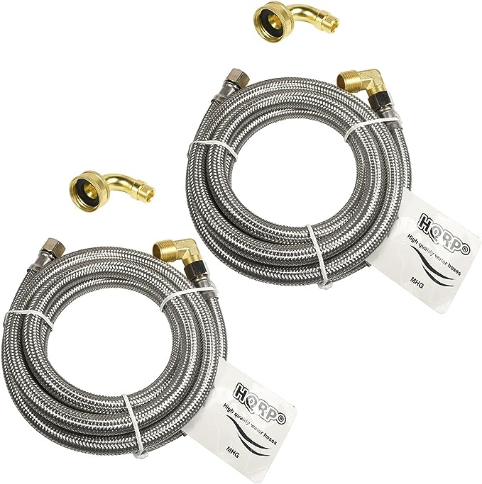 HQRP 2-Pack Universal Premium Stainless Steel Dishwasher Fill Hose with 3/8"x3/8" Comp Connection and 90 degree 3/8" MIP elbow or 3/4" Swivel Gooseneck Fitting, 6-Foot Burst Proof Water Supply Line