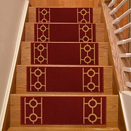 Stair Treads Skid Slip Resistant Backing Indoor Carpet Stair Treads Chain Border Design 9 inch x 26 ¼ inch (Set of 7, Red Beige)