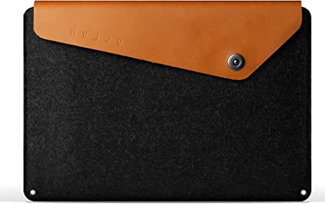 Mujjo Sleeve for MacBook Pro 15-inch | Premium Wool Felt, Genuine Leather Flap with Snap Button Closure | Storage Compartments, Card Pocket (Tan)