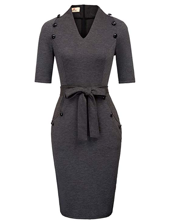 GRACE KARIN Women Vintage Short Sleeve Slim Fit Belted Business Pencil Dress