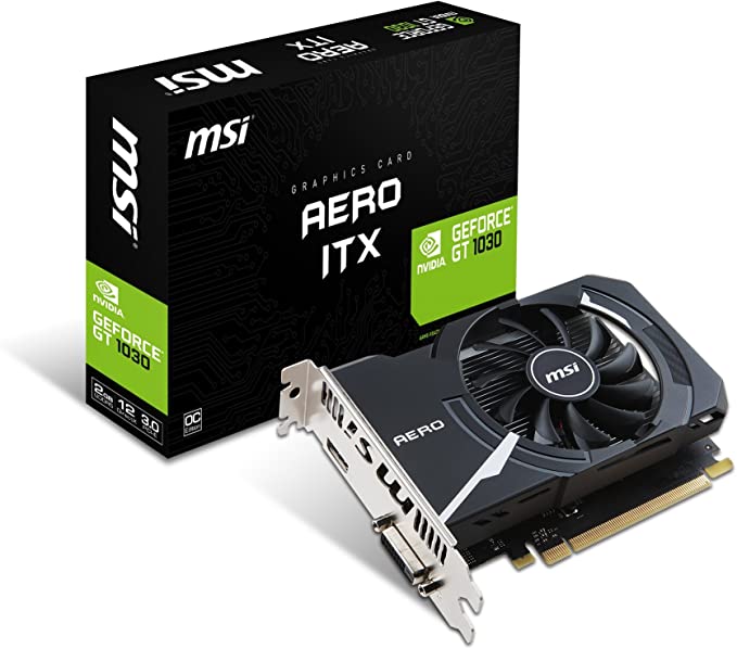 MSI NVIDIA GEFORCE GT 1030 AERO ITX 2G OC Graphics Card 2 GB GDDR5, 1518 MHz, mini ITX Design, HDMI, DVI-D, Single Fan Cooling System, Black