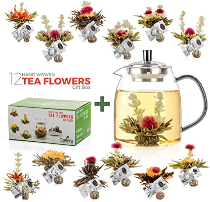 Tealyra - 12 pcs Blooming Tea and 800ml Glass Teapot Set - 12 Variety Flavors of Finest Flowering Teas - All Tea Balls Individually Sealed - Great Gift Bloom Teas Box