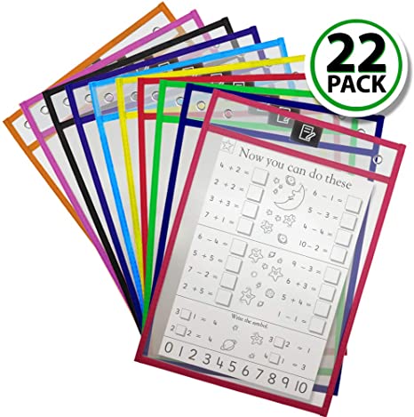 22 Pack Clear Reusable Dry Erase Pockets 10x13 - Multi-Color Teacher Supplies Pockets Sleeves Dry Erase for Classroom - Dry Erase Pocket Sleeves Sheets - Plastic Sleeves Pockets - Job Ticket Holder
