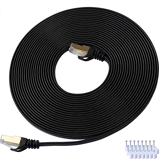 Cat 7 Ethernet Cable 15 ft LAN Cable Internet Network Cord for PS4, Xbox, Router, Modem, Gaming, Black Flat Shielded 10 Gigabit RJ45 High Speed Computer Patch Wire.
