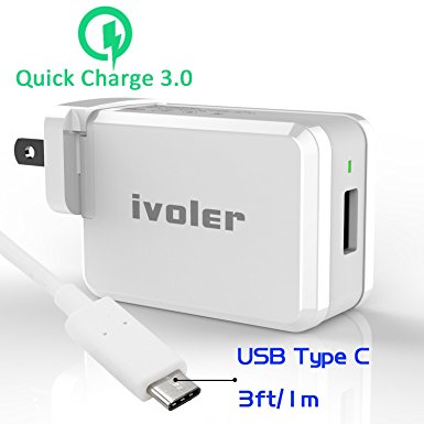 [Quick Charge 3.0] iVoler Adaptive Fast Charging 18W USB Wall Charger for HTC 10, LG G5, Samsung Galaxy S7/Edge/S6/Edge/ /Note 5, and More [QC 2.0 Compatible] [with 3.3ft/1m USB A-C Cable] (White)