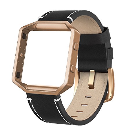 Fitbit Blaze Bands Leather with Frame Small & Large (5"- 8"), Swees Genuine Leather Replacement Band with Silver/Rose Gold/Black Metal Frame for Fitbit Blaze Women Men, Black, Brown, White, Pink, Blue