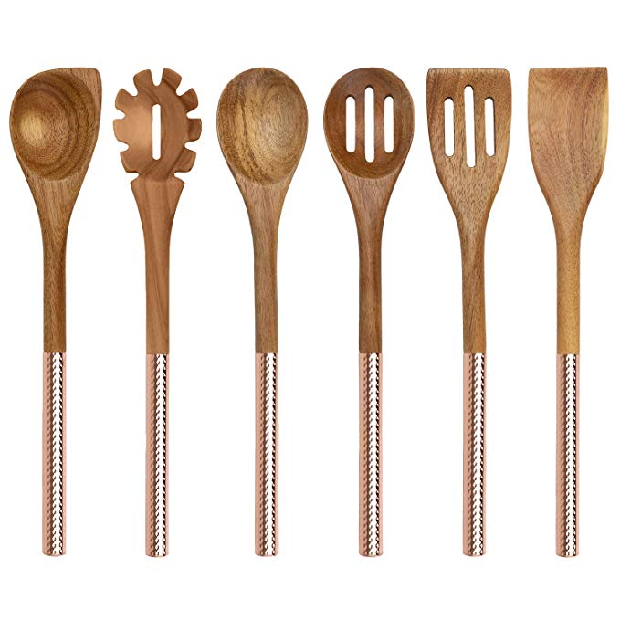 Country Kitchen 6 Piece Kitchen Utensil Set - Cooking Utensil Set with Acacia Wooden Heads & Stainless Steel Handles for Serving and Cooking - Copper