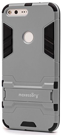 Google Pixel XL Case, Maxessory Stealth Ultra-Slim Dual-Layer Shock-Proof Rugged Heavy-Duty Rubber Grip Rigid Hybrid Armor Shell Cover w/ Kickstand Silver Black For Google Pixel XL (5.5 inch)
