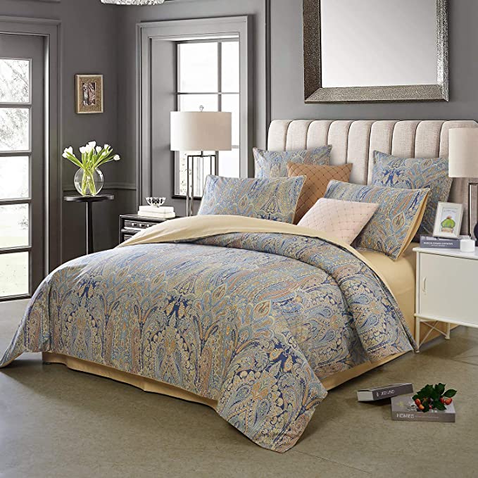 Softta Vintage King Size Luruxy Bedding Set 3Pcs Duvet Cover Set Boho Golden Blue Black Orange Paisley 100% Egyptian Silky Sateen Cotton Reversible Home Bedding Collection Spa Blue 106×92 Inches