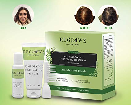 Regrowz Natural Hair Thickening and Regrowth Treatment, Scalp Stimulant and Restoration Serum Set for Women, 3 Month