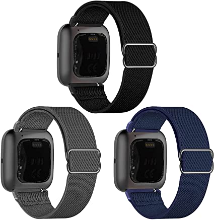 GBPOOT 3 Pack Elastic Watch Bands Compatible with Fitbit Versa/Versa 2/Versa Lite/Versa SE,Adjustable Nylon Stretchy Sport Wristband for Versa Smart Watch Women Men,Black/Storm Gray/Army Green