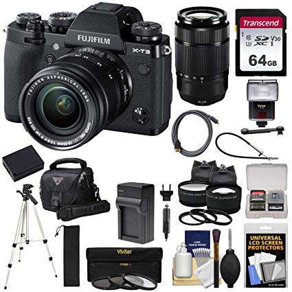 Fujifilm X-T3 4K Wi-Fi Digital Camera & 18-55mm XF Lens (Black) with 50-230mm Lens   64GB Card   Battery/Charger   Case   Flash   Tripod   2 Lens Kit