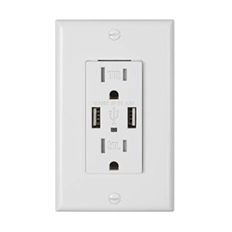 BN-LINK In-Wall Outlet with USB Ports, Dual Power Wall Outlet and Dual 4.8A High Speed USB Charger with 15A Tamper Resistant, White