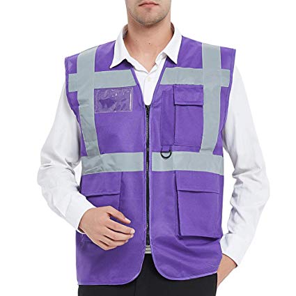 GOGO 5 Pockets High Visibility Safety Vest with Reflective Strips, Working Uniform Vest-Purple-L